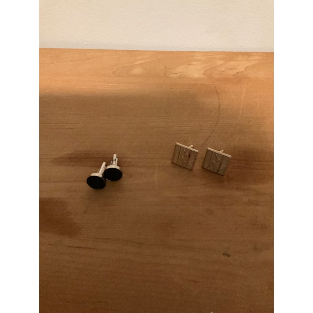 Vintage Cufflink Set 2 Pairs Round Black Silver Tone Square Gold Tone Etched
